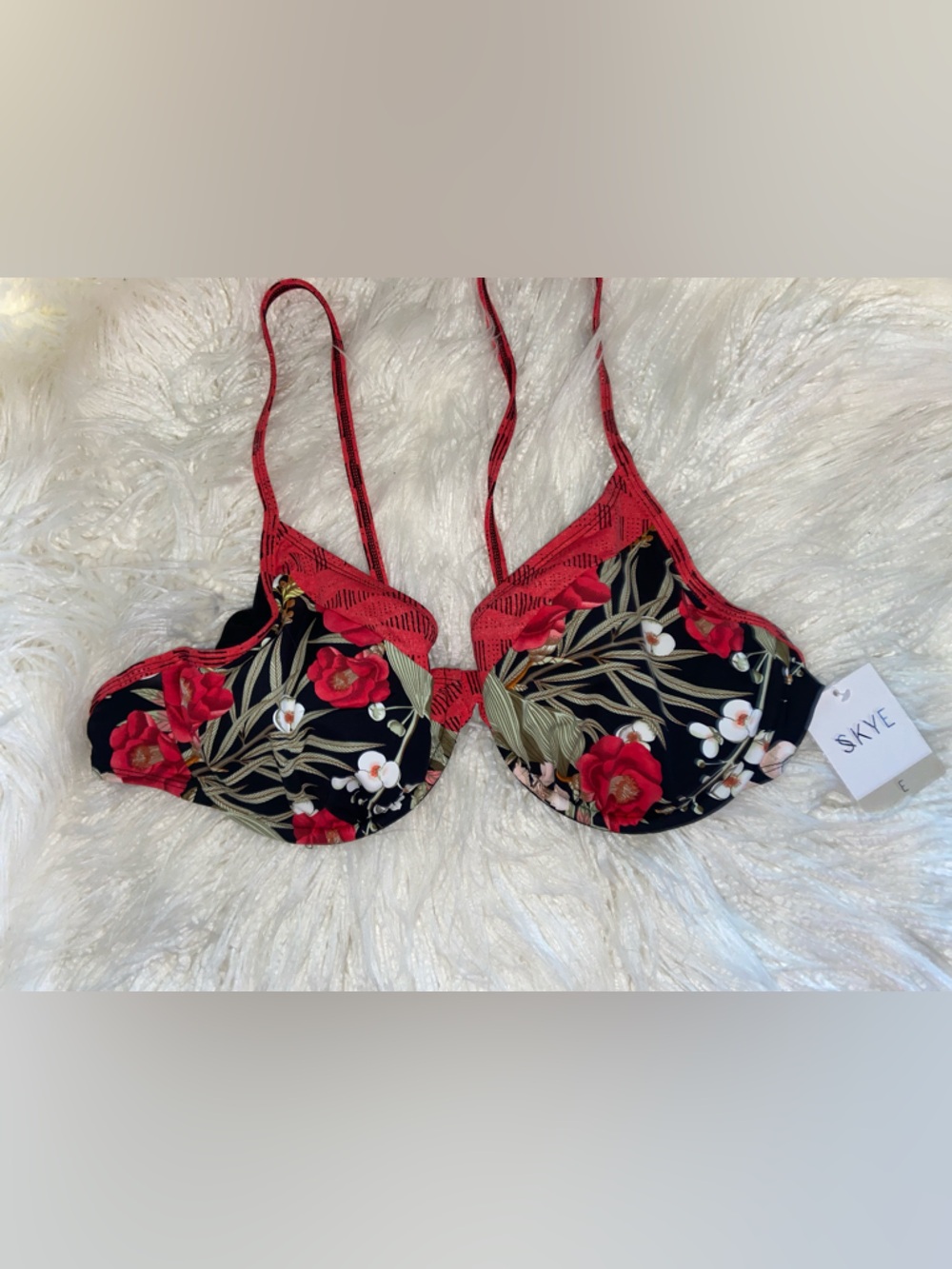 Sky Black Bikini Top with Red Floral Print